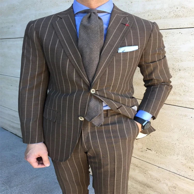 Elegant Brown Pinstripe Men's Business Suit Set - Tailored Fit 2-Piece (Blazer + Pants) for Casual and Formal Occasions