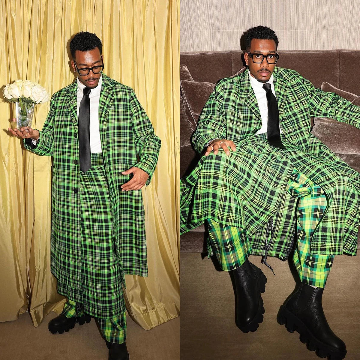 Green Plaid Mens Wedding Tuxedos Loose Classic Fit Custom Made Groom Prom Wear Pants Suits 2 Pieces Long Jacket