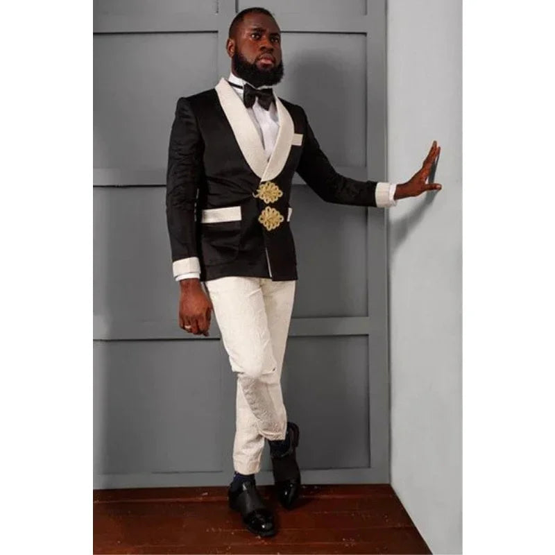 Costume homme 2 pièces, blazer croisé en velours noir, veste et pantalon à fleurs ivoire, costume formel