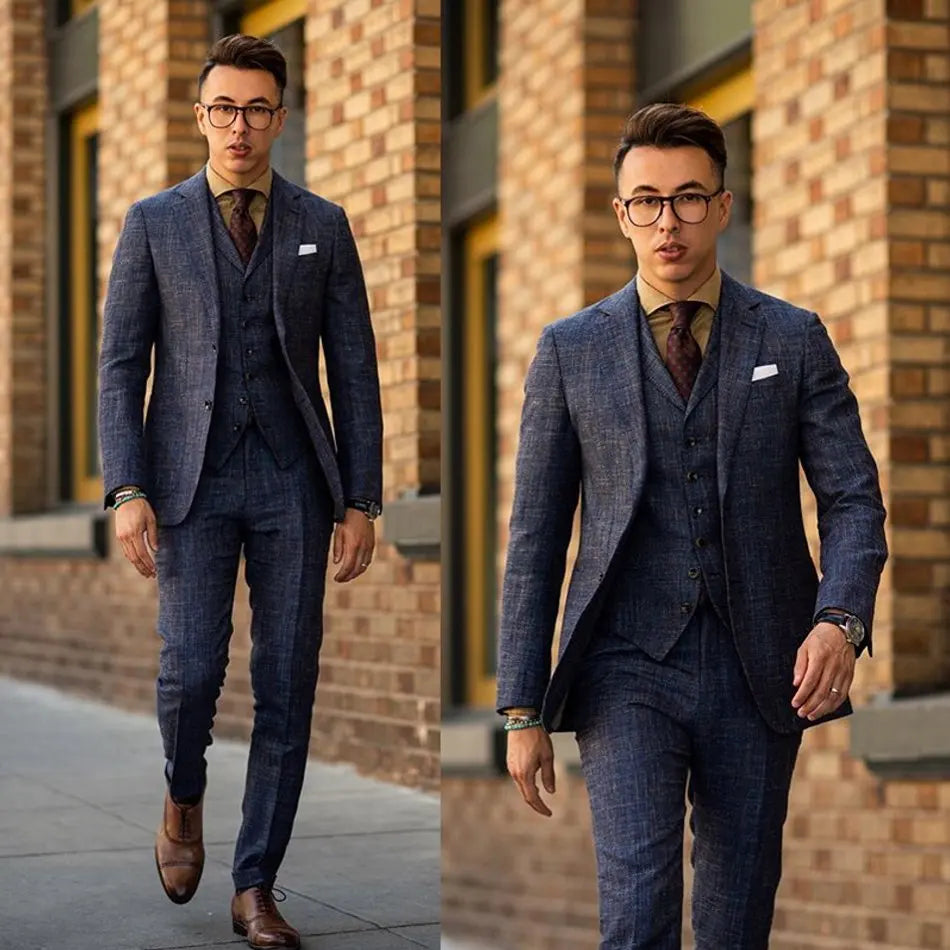 Costume homme élégant en mélange de laine 3 pièces (manteau + gilet + pantalon) à revers crantés, costume formel coupe slim
