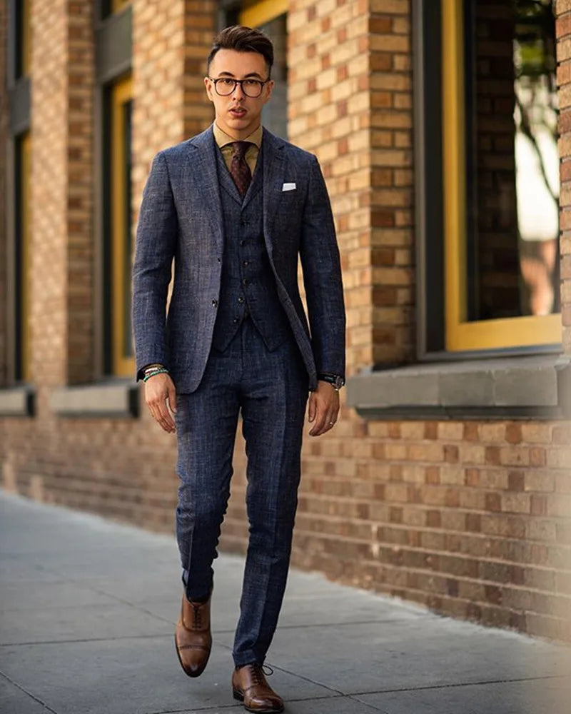 Costume homme élégant en mélange de laine 3 pièces (manteau + gilet + pantalon) à revers crantés, costume formel coupe slim