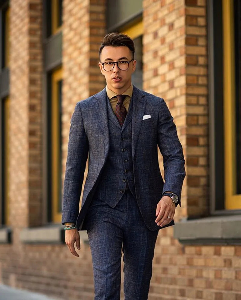 Costume homme élégant en mélange de laine 3 pièces (manteau + gilet + pantalon) à revers crantés, costume formel coupe slim