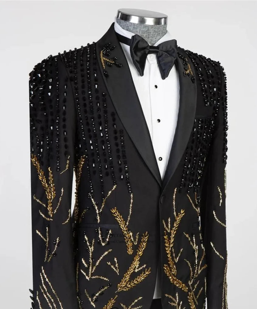 Handsome Metallic Beaded Tuxedos Suits for Men Wedding Prom Groom 2 Pieces Bridegroom Prom Blazers CustomizeMale