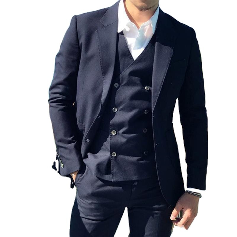 Costume de marié bleu marine à 2 boutons, revers crantés, pour mariage, bal, dîner, blazer, pantalon (veste, pantalon, gilet) 