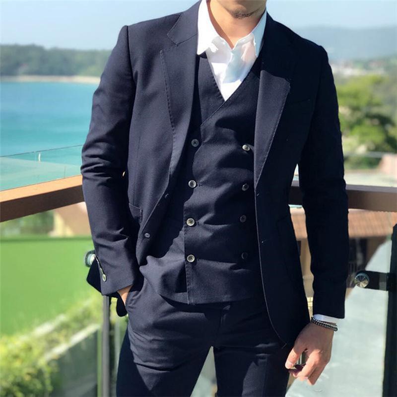 Costume de marié bleu marine à 2 boutons, revers crantés, pour mariage, bal, dîner, blazer, pantalon (veste, pantalon, gilet) 
