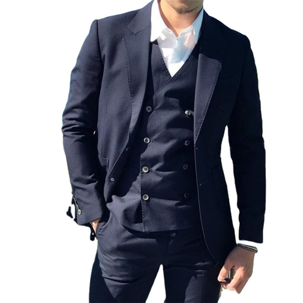 Costume de marié bleu marine à 2 boutons, revers crantés, pour mariage, bal, dîner, blazer, pantalon (veste, pantalon, gilet) 