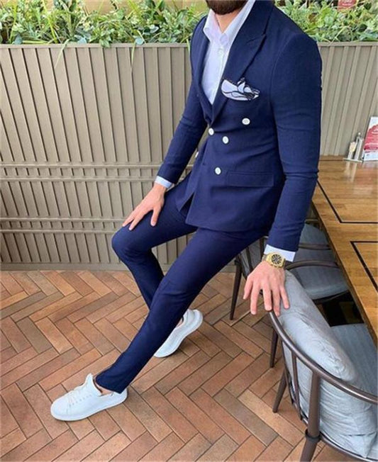 Navy Men Suits Double Breasted 2 Pieces (Blazer+Pants) Peaked Collar Slim Fit Suits for Wedding Dinner Party Tuxedos