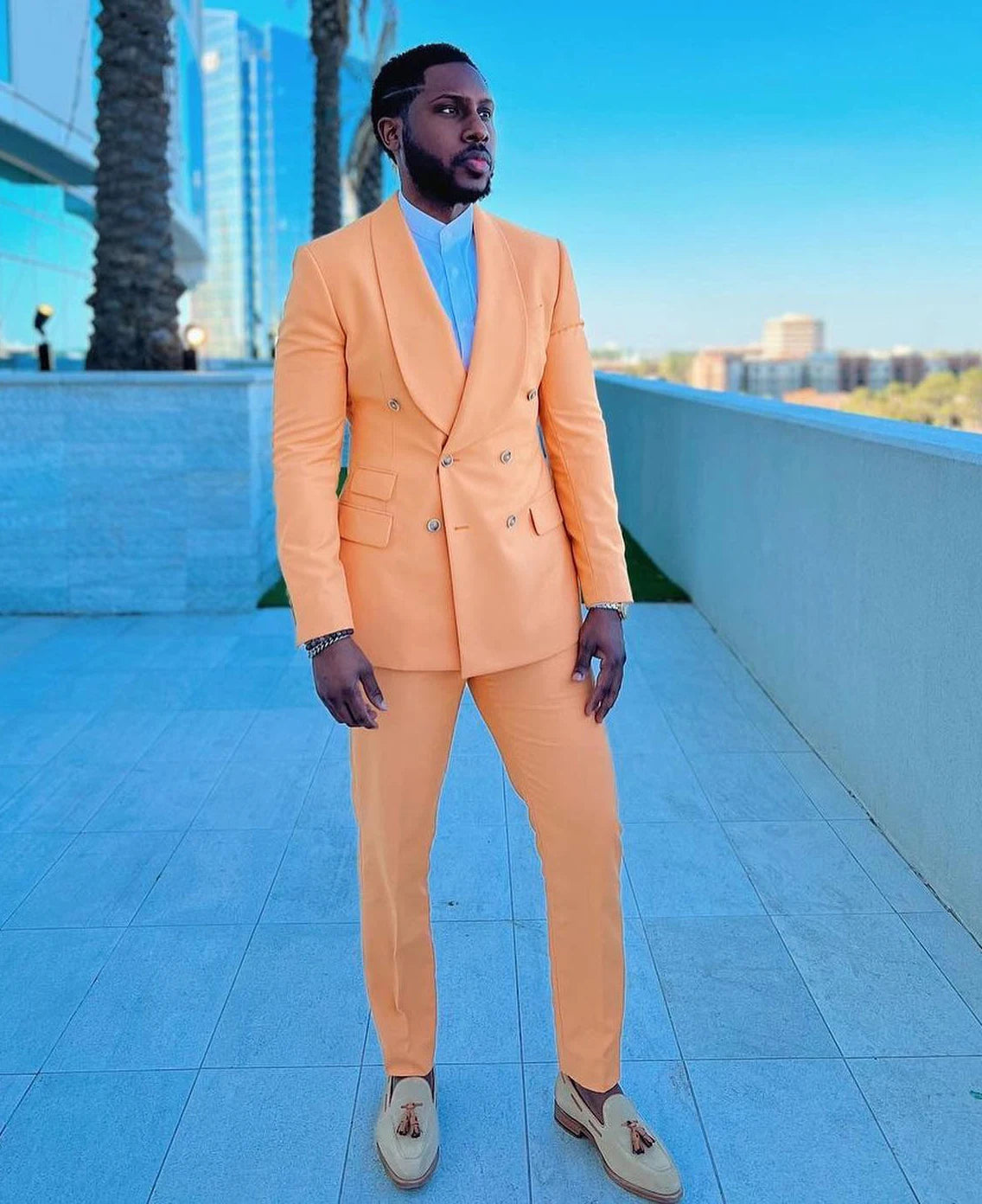 Smoking de mariage orange pour homme, coupe croisée, sur mesure, pantalon de bal, 2 pièces