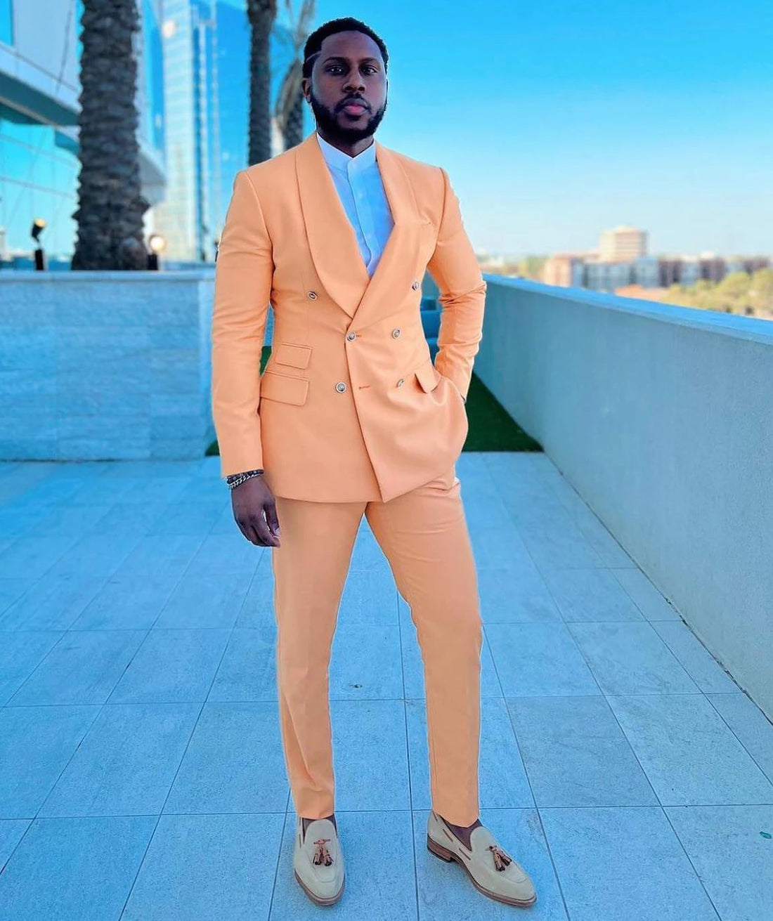 Smoking de mariage orange pour homme, coupe croisée, sur mesure, pantalon de bal, 2 pièces