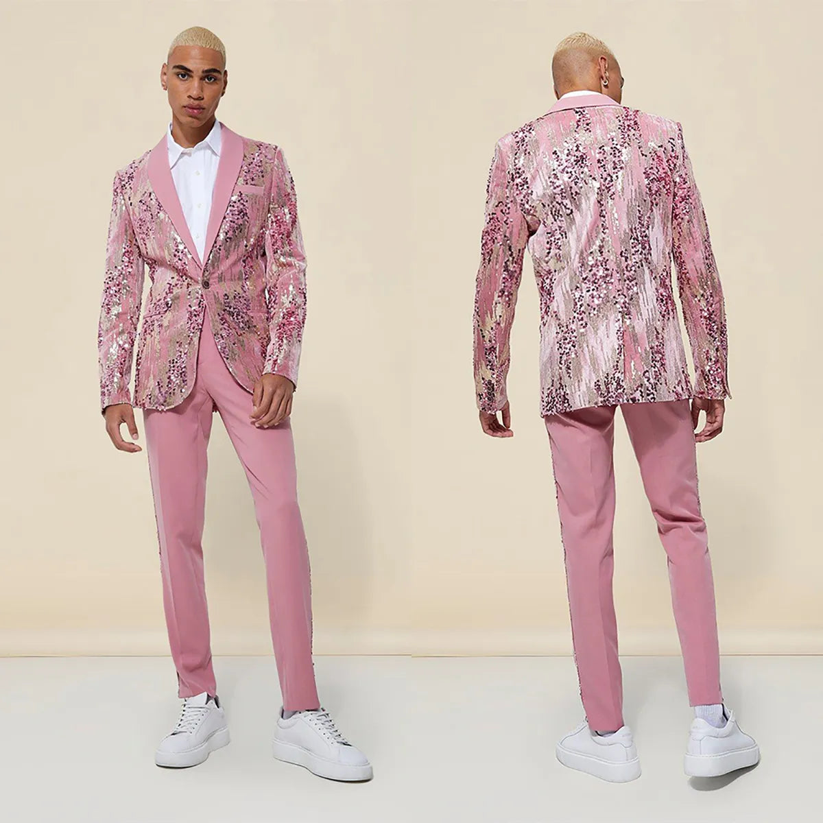 Traje de novio a medida con chaqueta y pantalón de lentejuelas rosas, elegante, para boda, 2 piezas 