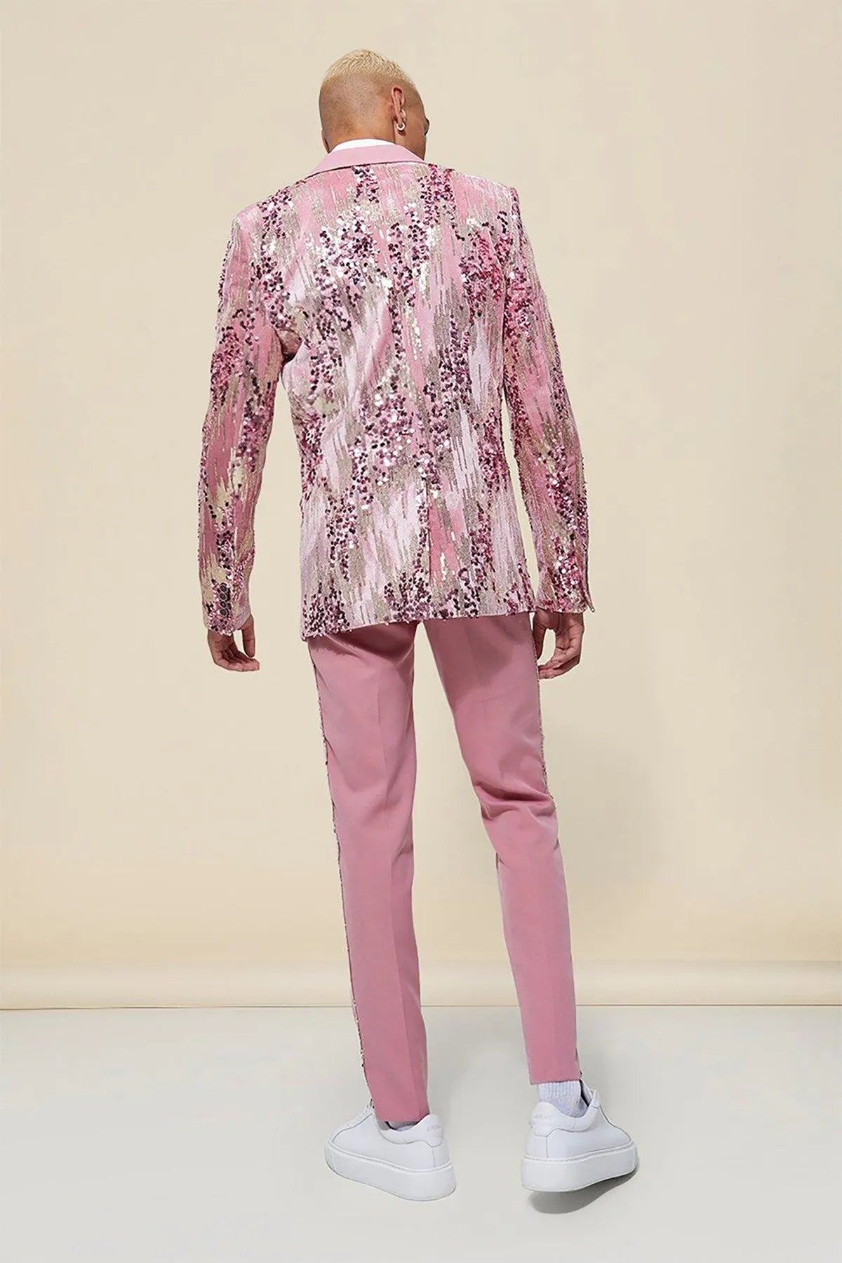 Traje de novio a medida con chaqueta y pantalón de lentejuelas rosas, elegante, para boda, 2 piezas 