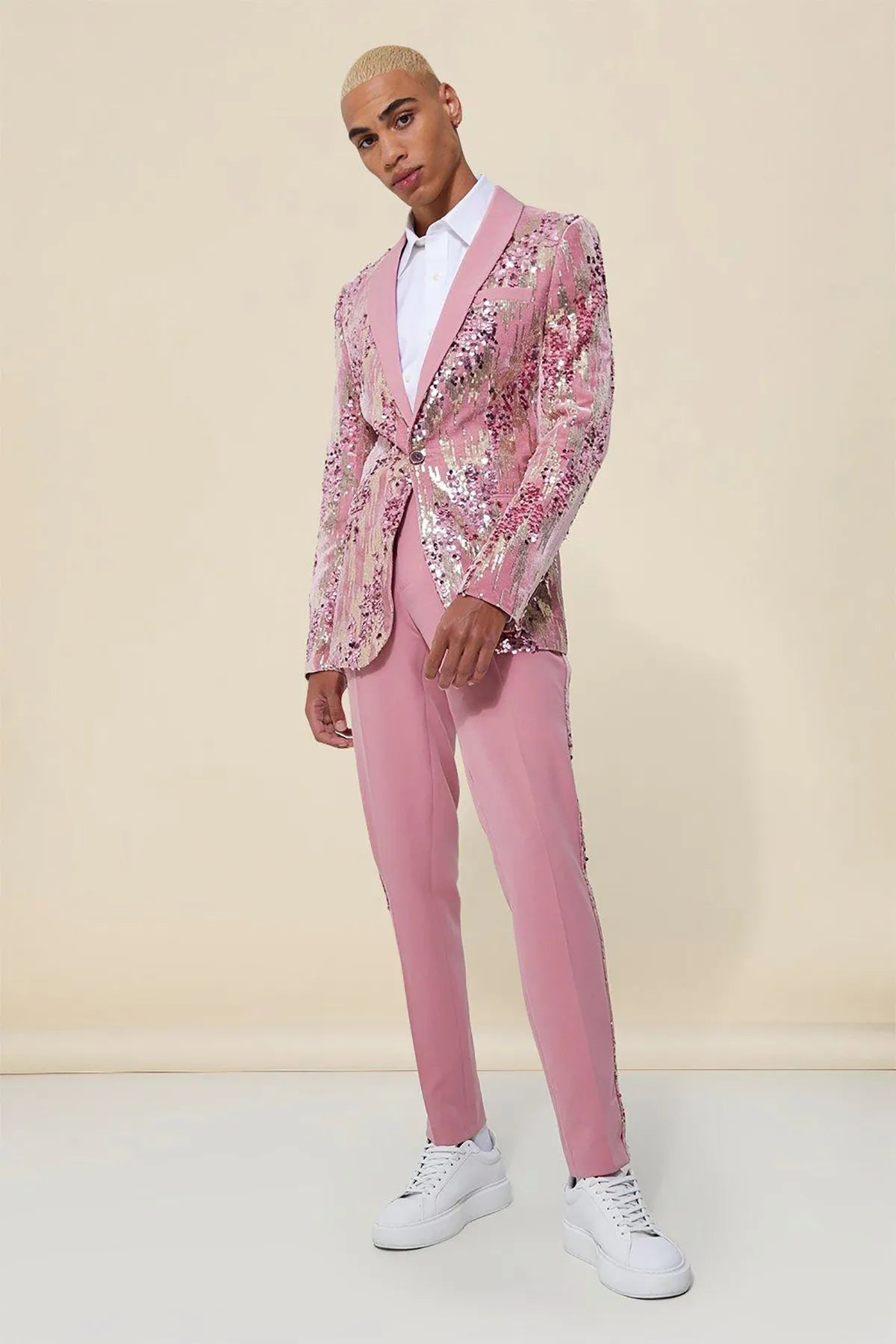 Traje de novio a medida con chaqueta y pantalón de lentejuelas rosas, elegante, para boda, 2 piezas 
