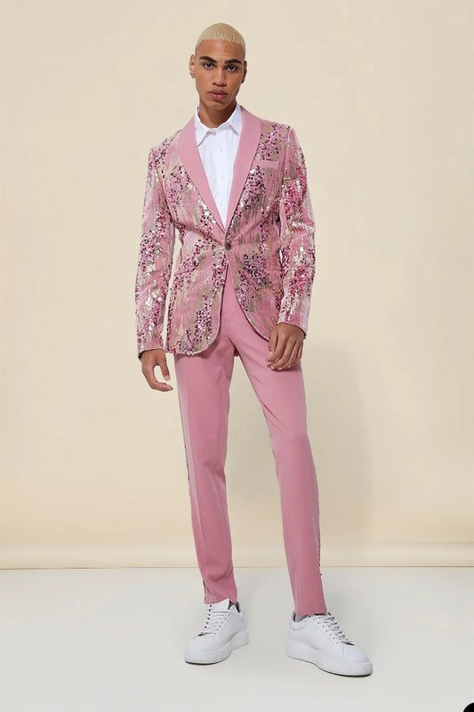 Traje de novio a medida con chaqueta y pantalón de lentejuelas rosas, elegante, para boda, 2 piezas 
