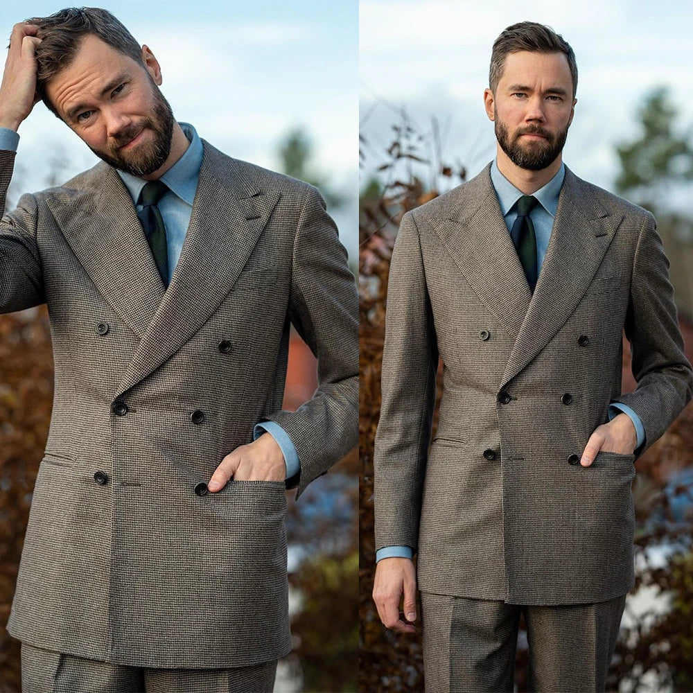 Hermoso esmoquin a cuadros para hombre, solapa con pico, doble botonadura, chaqueta, pantalones, trajes casuales de negocios vintage, conjunto de 2 piezas