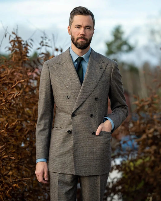 Hermoso esmoquin a cuadros para hombre, solapa con pico, doble botonadura, chaqueta, pantalones, trajes casuales de negocios vintage, conjunto de 2 piezas