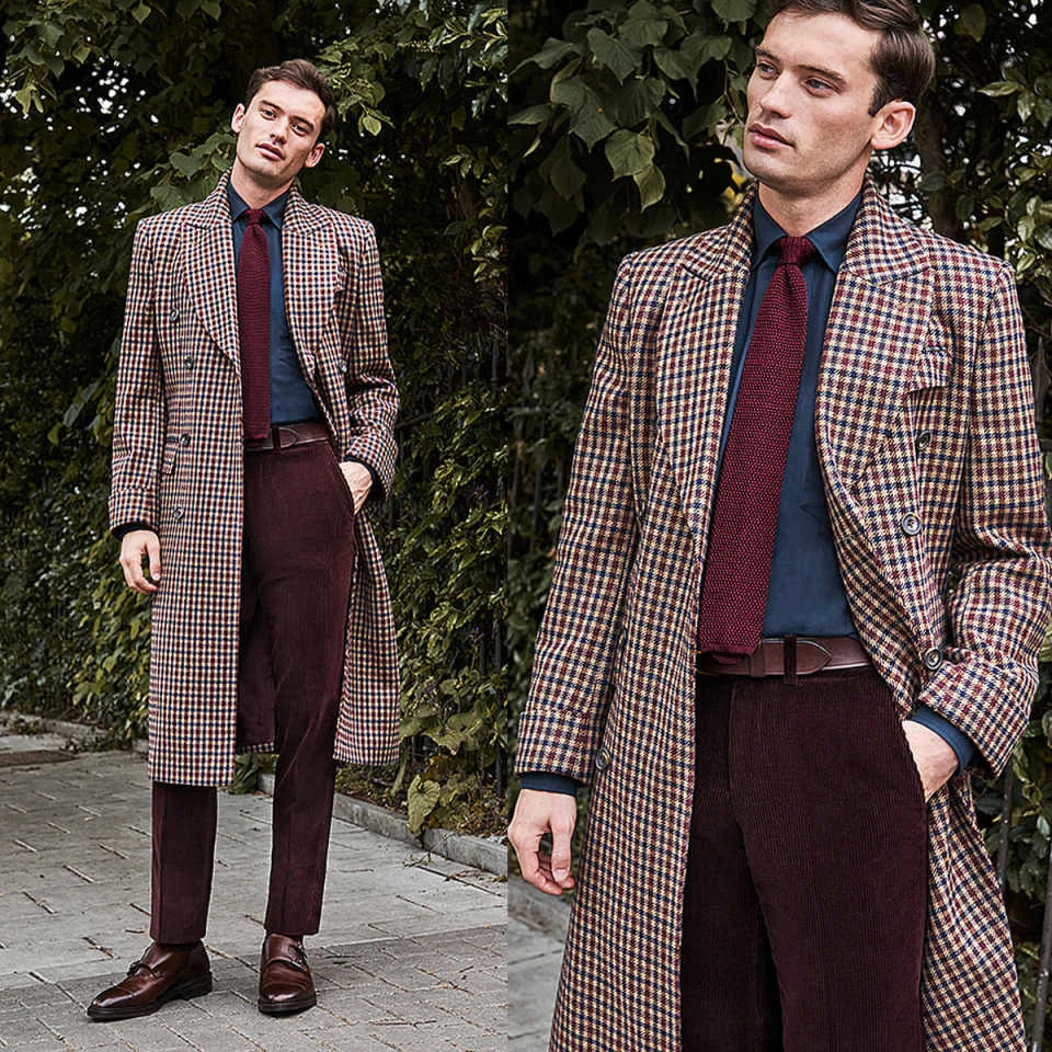 Handsome Plaid Men Woolen Overcoat England Peaked Lapel Coat Winter Slim-Fit Business Winter Warm Top Coat Customized