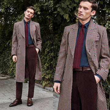 Handsome Plaid Men Woolen Overcoat England Peaked Lapel Coat Winter Slim-Fit Business Winter Warm Top Coat Customized