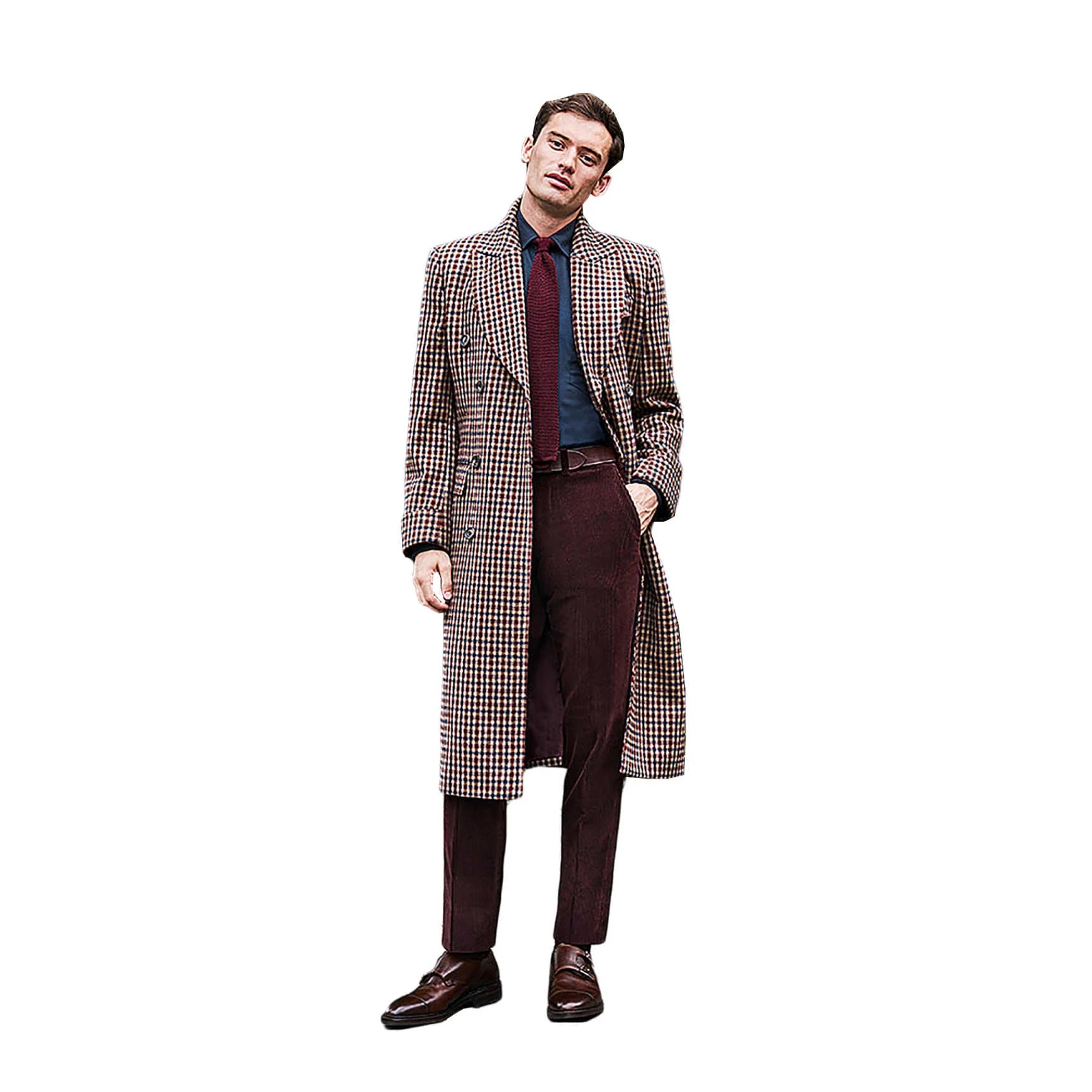 Handsome Plaid Men Woolen Overcoat England Peaked Lapel Coat Winter Slim-Fit Business Winter Warm Top Coat Customized