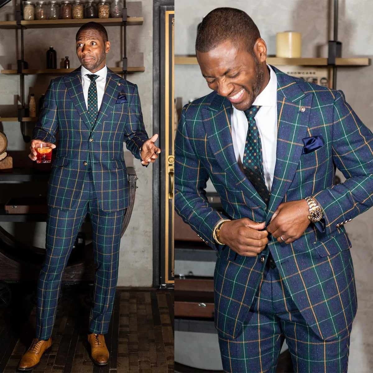 Plaid Mens Wedding Tuxedos Check Classic Fit Custom Made Groom Prom Wear Pants Suits 2 Pieces