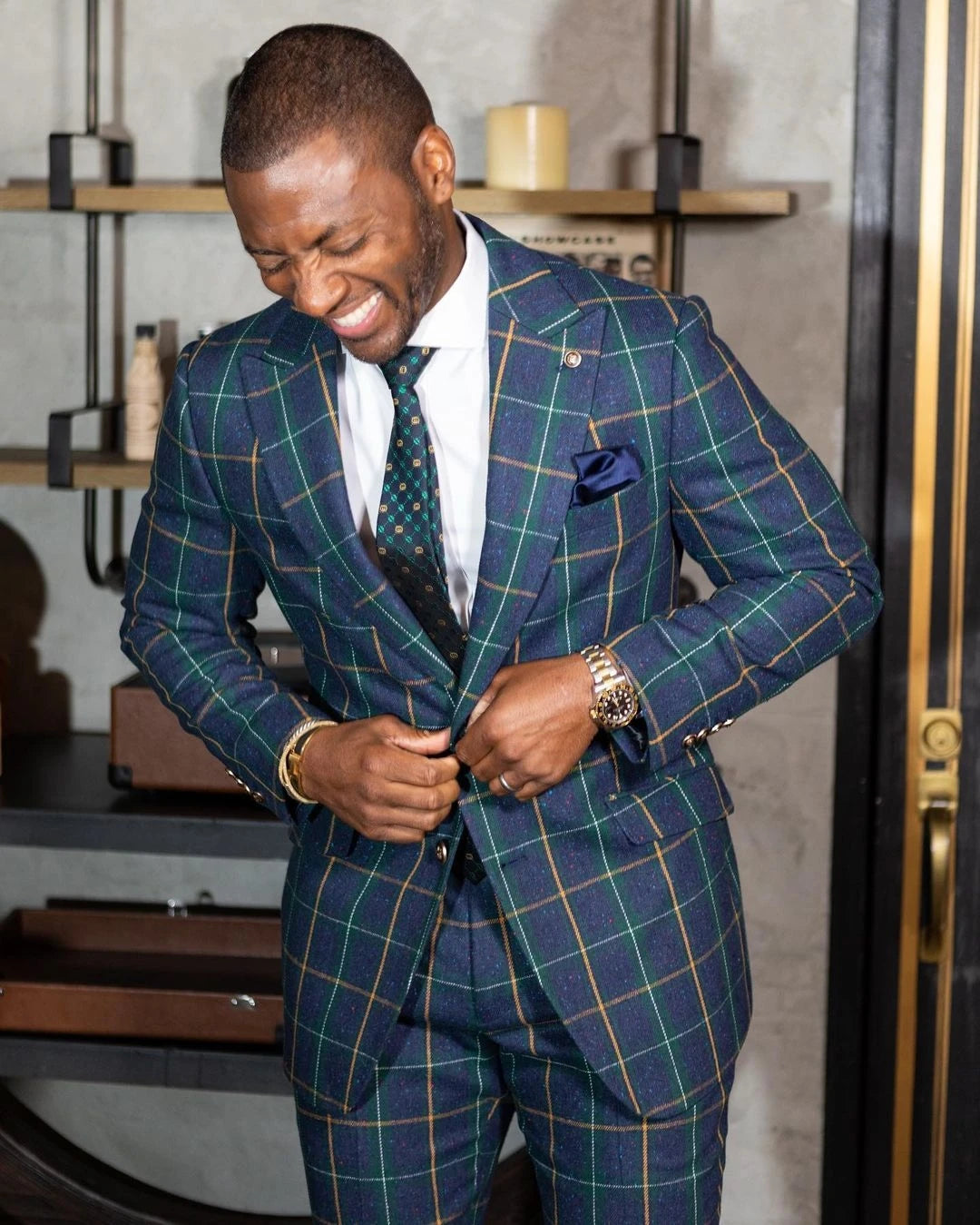 Plaid Mens Wedding Tuxedos Check Classic Fit Custom Made Groom Prom Wear Pants Suits 2 Pieces