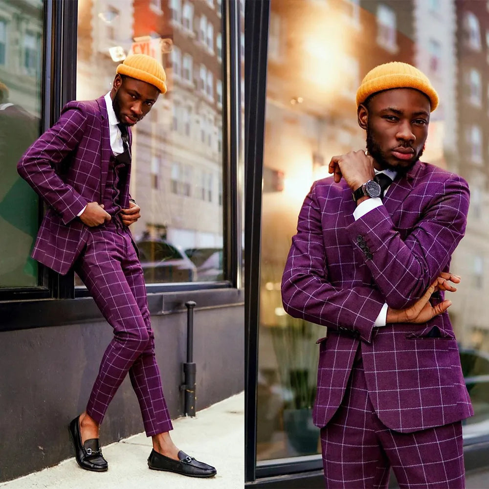 Traje de novio morado de 3 piezas con blazer, pantalón y velo, esmoquin de boda a medida, de un solo pecho.