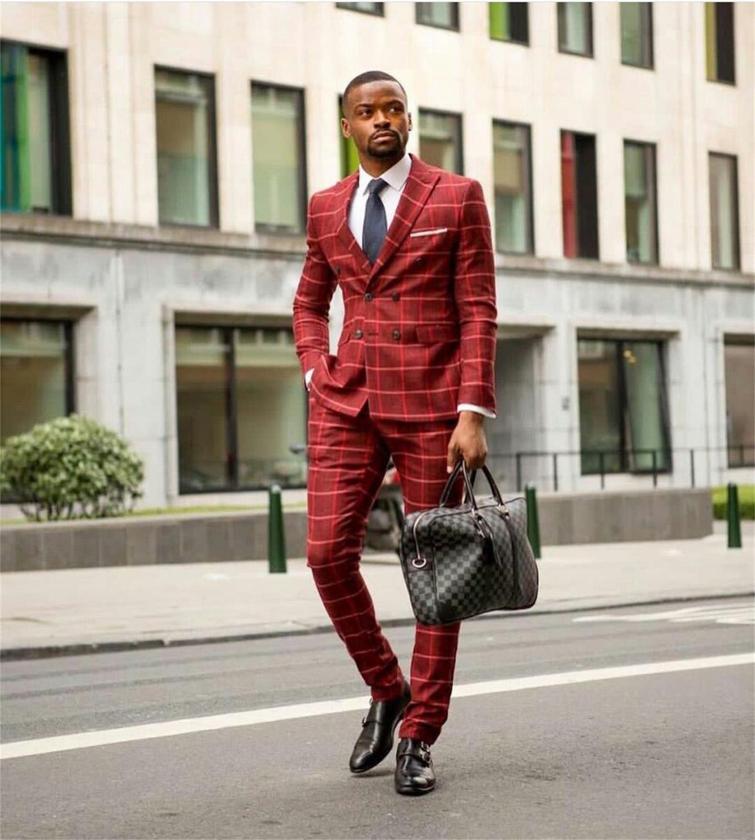Red Check Suits Plus Size Groom Men Business Pants Suit Tailored Plaid Prom Party Wedding Tuxedos (jacket+pants)
