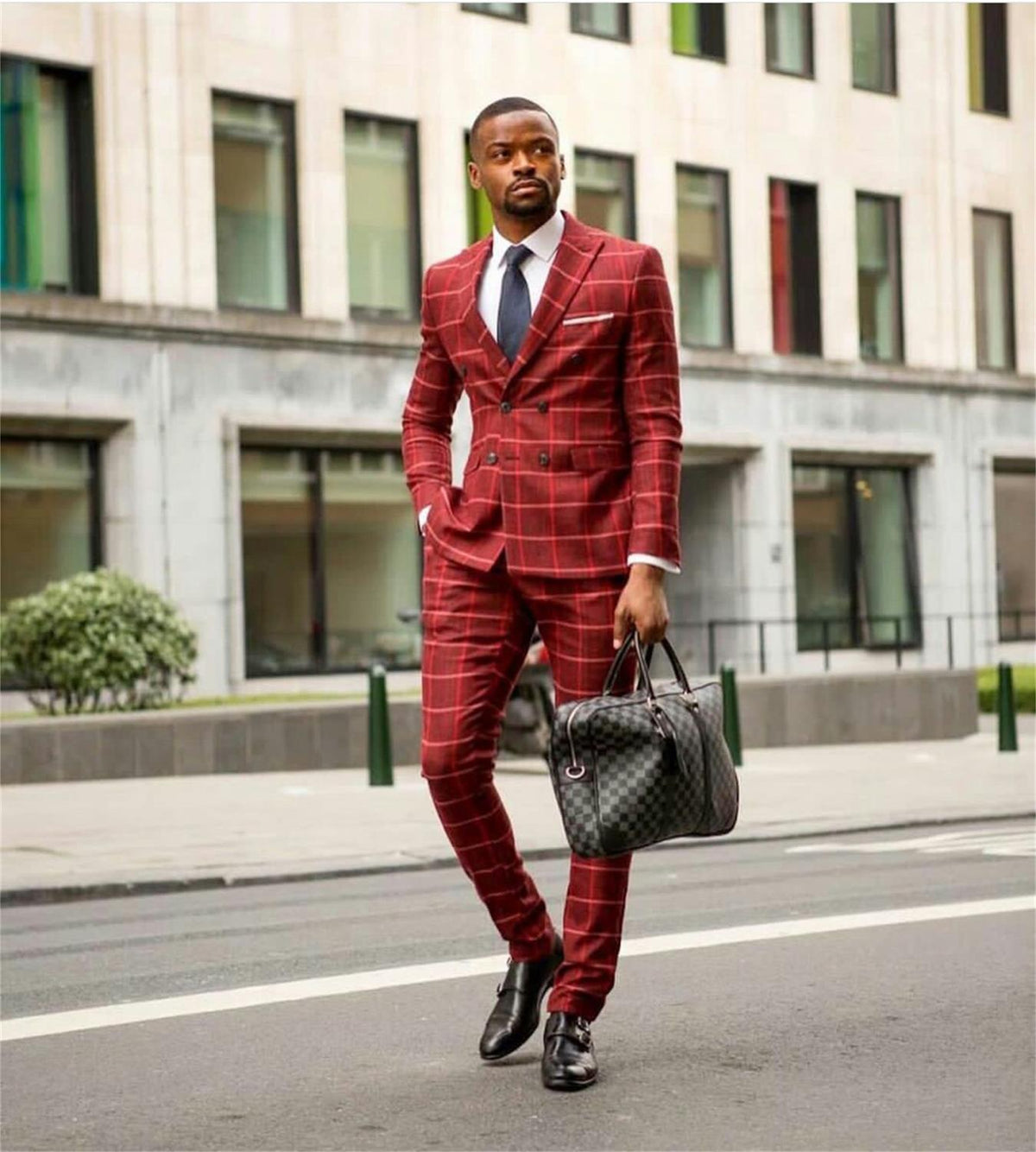 Trajes de cuadros rojos de talla grande para novio, traje de negocios para hombre, traje a medida para fiesta de graduación, esmoquin de boda (chaqueta + pantalón)