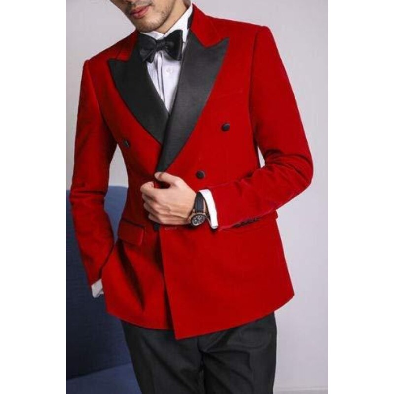 Trajes de negocios para hombre, de doble botonadura, color rojo, para novio, esmoquin, vestido de fiesta, chaqueta, abrigo y pantalones (chaqueta + pantalón) 