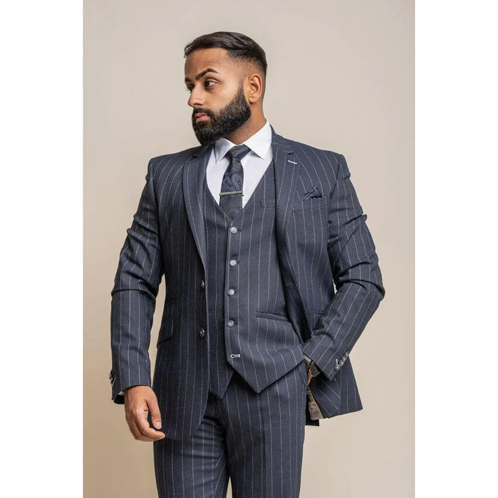 Traje de rayas para hombre, conjunto de 3 piezas con solapa de pico y botonadura sencilla, ideal para el día a día (chaqueta, pantalón y chaleco)