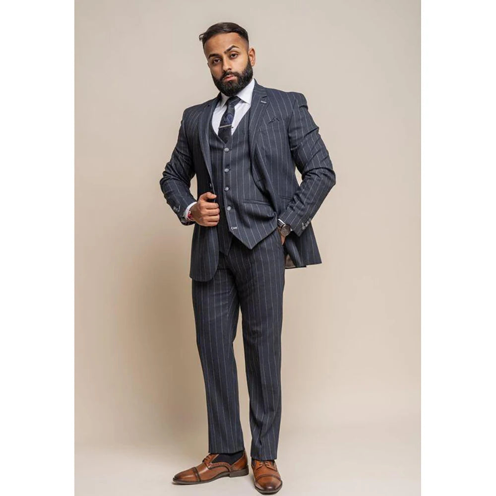 Traje de rayas para hombre, conjunto de 3 piezas con solapa de pico y botonadura sencilla, ideal para el día a día (chaqueta, pantalón y chaleco)