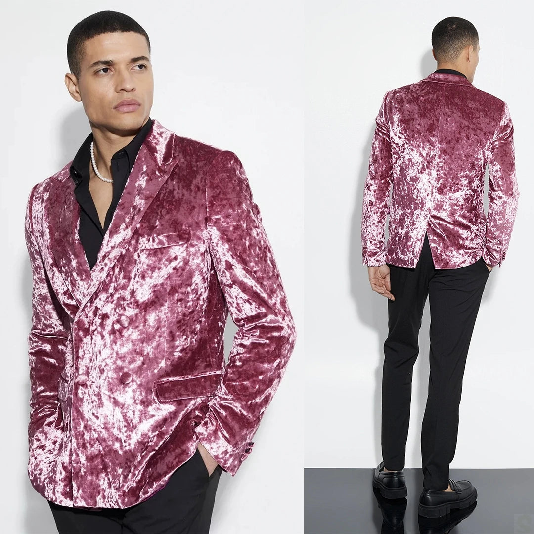 Magnifique smoking de mariage en velours à revers pointus, veste croisée pour homme, tenue de soirée formelle 