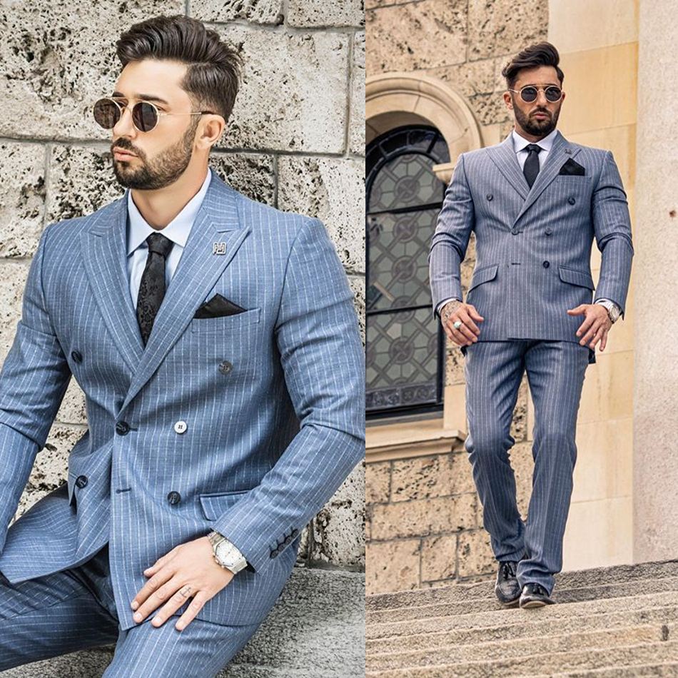Costume deux pièces bleu brume pour homme, revers pointus, rayures marron, smoking de mariage sur mesure 