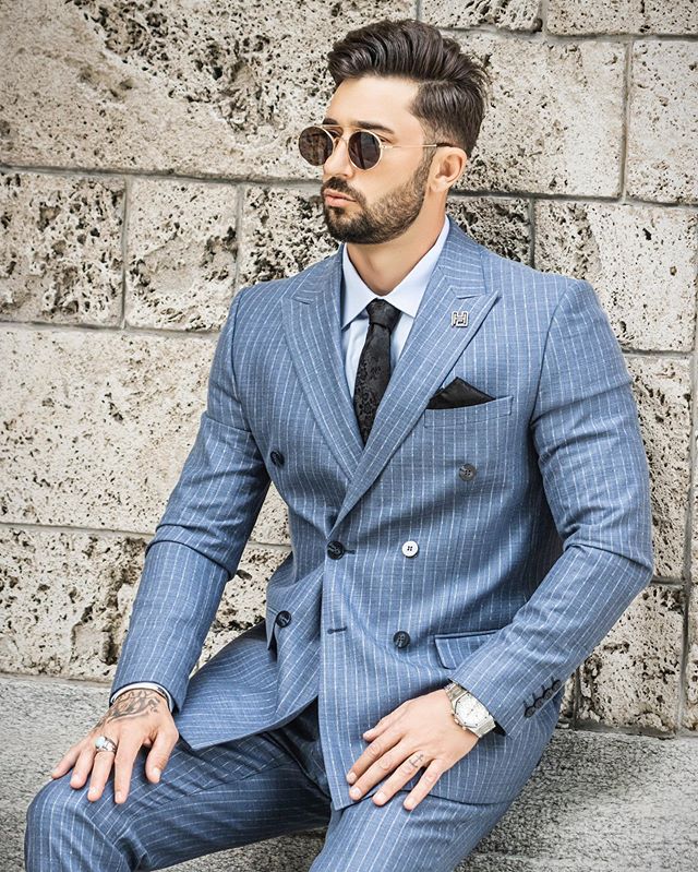 Costume deux pièces bleu brume pour homme, revers pointus, rayures marron, smoking de mariage sur mesure 