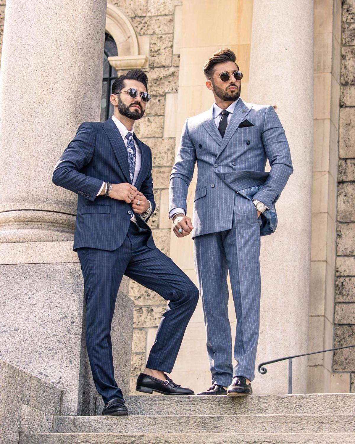 Costume deux pièces bleu brume pour homme, revers pointus, rayures marron, smoking de mariage sur mesure 