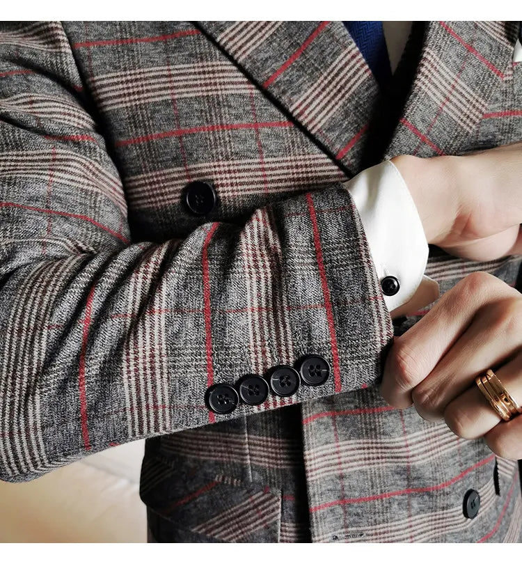 Suit Luxury Wedding Upgrade Emcee Dress Suit Men's Plaid Double-breasted Casual Dress Dinner Suit