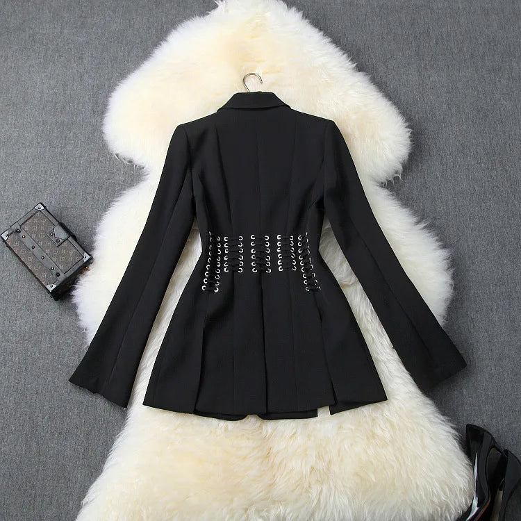 Chic Black Hook & Eye Lace-Up Blazer Jacket for Women - Stylish Split Sleeve Design