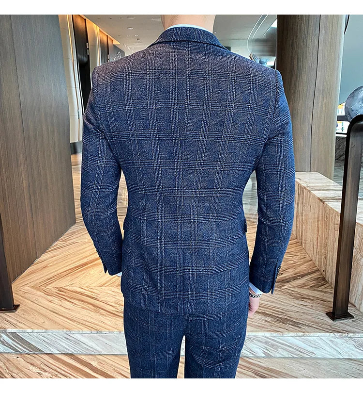 Traje de hombre de estilo británico de talla grande, traje de lana de tres piezas, vestido de novia para novio, ropa formal británica ajustada. 