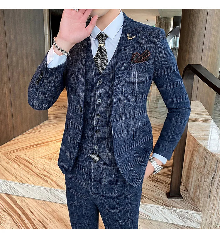 Traje de hombre de estilo británico de talla grande, traje de lana de tres piezas, vestido de novia para novio, ropa formal británica ajustada. 