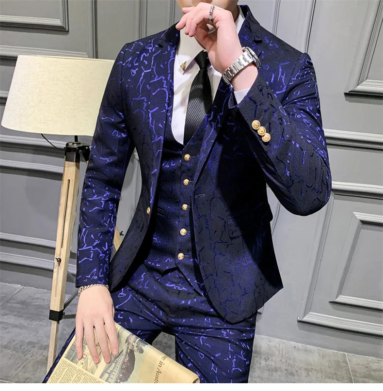 Elegant Floral Slim Fit Men's Tuxedo Suit Set - Royal Blue & Burgundy Stylish Coat, Vest & Pants for Formal Occasions