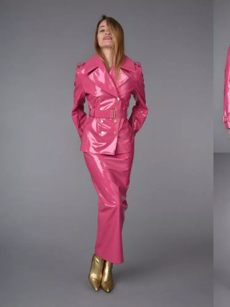 Pink Leather Women Blazer Dress Suits Slim Fit Mother of The Bride Prom Party Guest Wedding Wear 2 Pieces