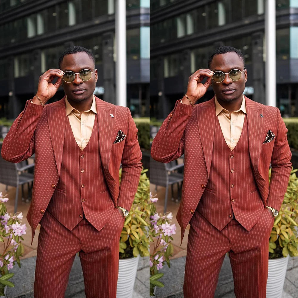Classic Business Mens Pants Suit 3 Pieces Striped Groom Tuxedos Peaked Lapel Slim Fit Prom Party Blazer (Jacket+Vest+Pants)