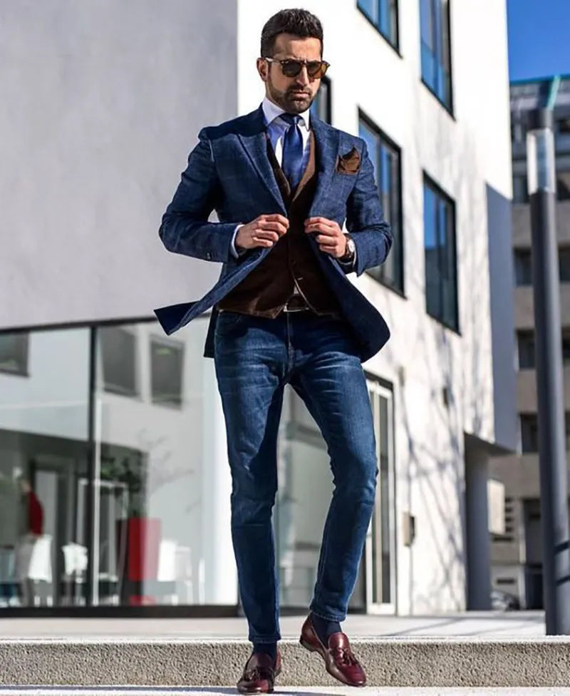 2 Pieces Navy Blue Men Wedding Tuxedos Blazer&Brown Vest Groom Groomsmen Suit Casual Custom Made Men Suits