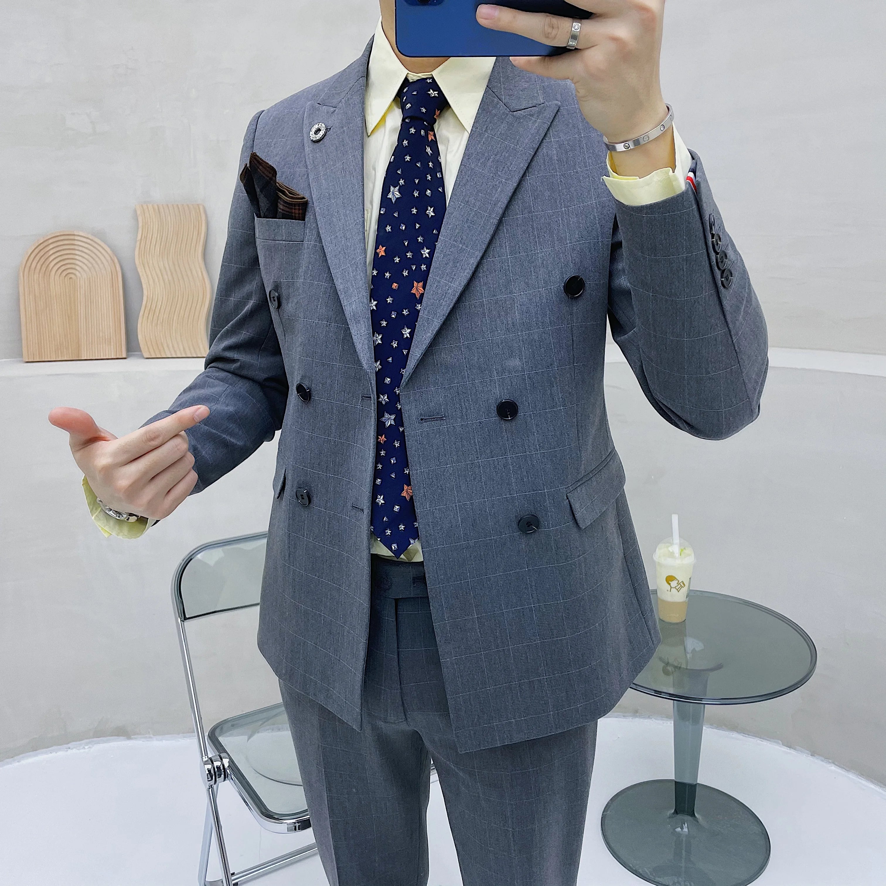 (Blazer + chaleco + pantalones) Traje clásico de celosía para hombre, conjunto de 3 piezas, trajes ajustados para hombre, doble botonadura para novio, vestido de esmoquin de boda 