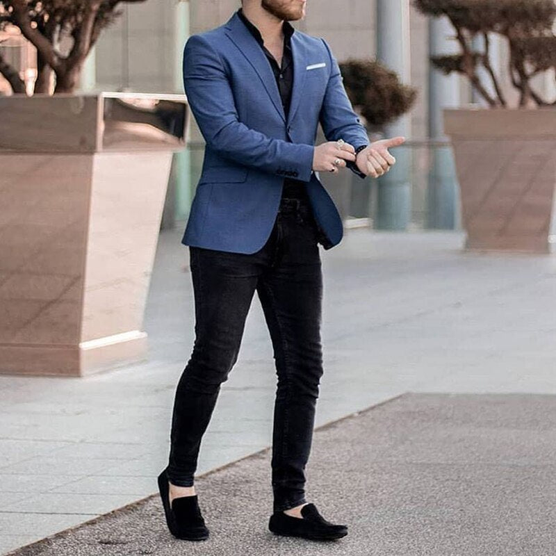 Traje de negocios azul marino ajustado para hombre con pantalón negro, esmoquin de novio para boda, traje de negocios para boda.