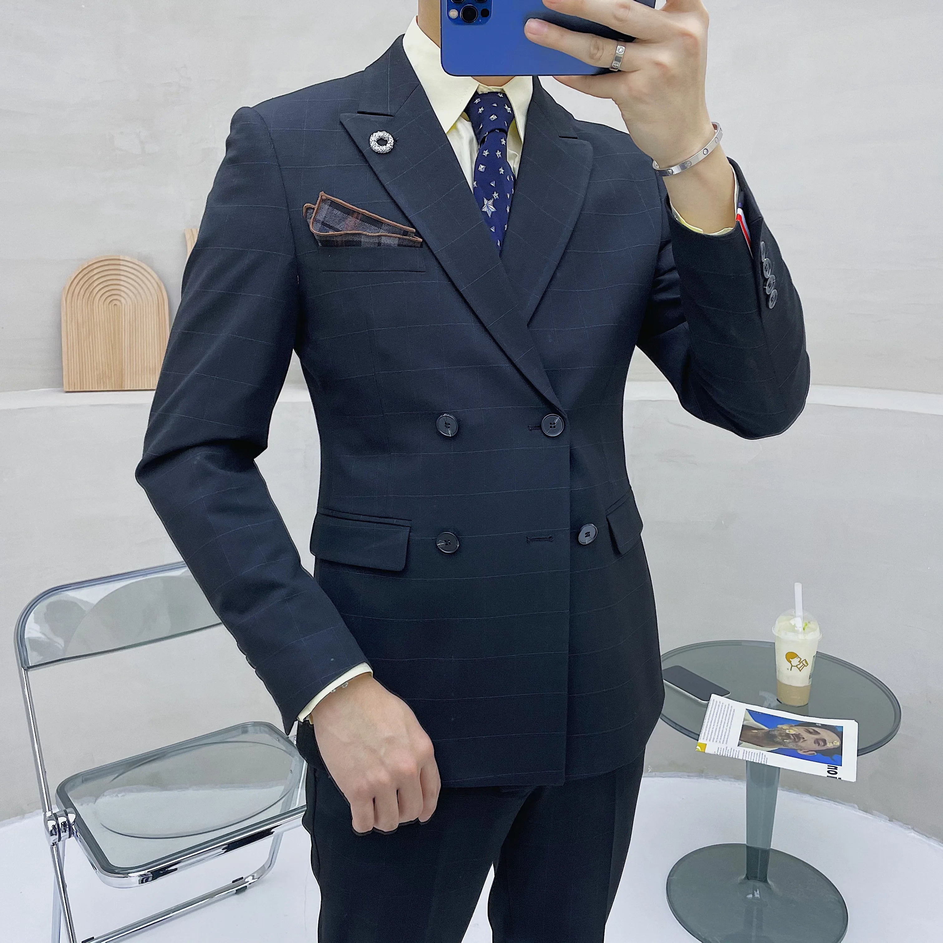 (Blazer + chaleco + pantalones) Traje clásico de celosía para hombre, conjunto de 3 piezas, trajes ajustados para hombre, doble botonadura para novio, vestido de esmoquin de boda 