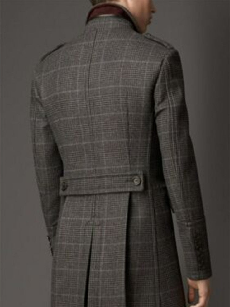 Wool Blend Coat Men Winter Over Jacket Double Breasted Checkered Business Long Overcoat Plus Size Warm Formal Business Tailored