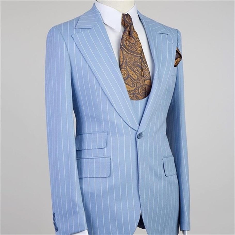 Costume Homme Bleu Clair À Rayures Hommes Costumes 3 Pièces Un Bouton Revers en Pointe Décontracté Marié Mariage Slim Fit Blazer 