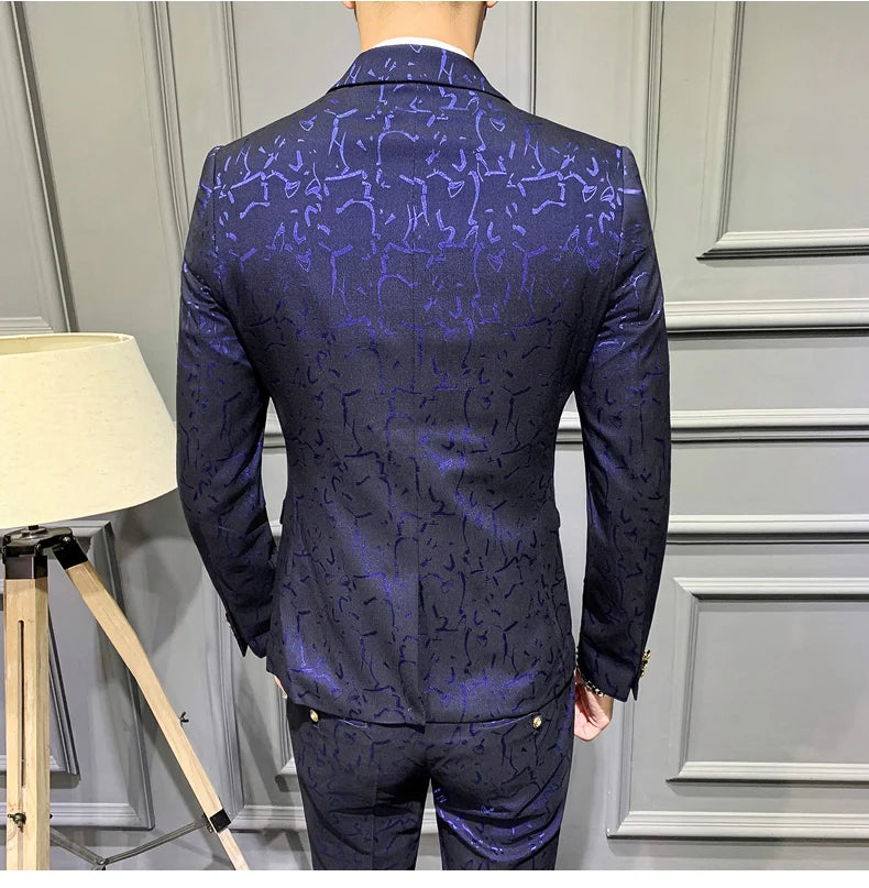Elegant Floral Slim Fit Men's Tuxedo Suit Set - Royal Blue & Burgundy Stylish Coat, Vest & Pants for Formal Occasions