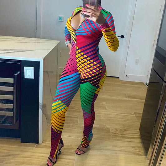 Corful Print Slim Jumpsuits for Women Zipper Playsuit New Fashion Long Sleeve Trouser Women Sexy Sport Fitness Romer Outfit