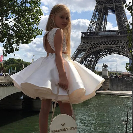 Girls Sleeveless Flare Party Dress with Lace Top and Open Back
